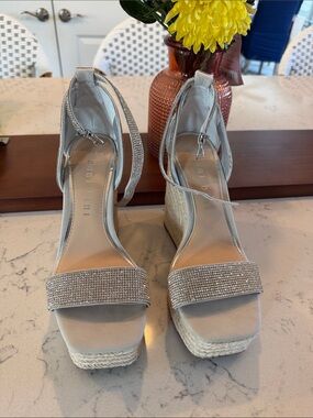 Silver Embellished Espadrille Wedge Sandals